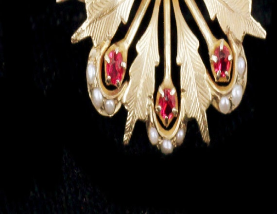 Antique 10K Gold/Ruby Paste & Pearls pin/ Victori… - image 4