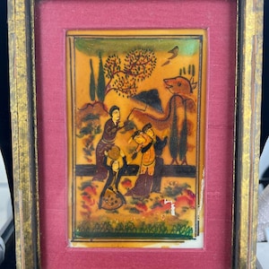Antique Middle Eastern Folk Art Painting on Camel Bone - Framed