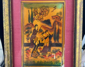 Antique Middle Eastern Folk Art Painting on Camel Bone - Framed