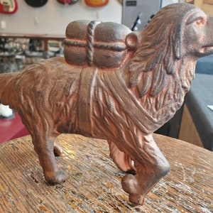 Vintage Bronze Cast Iron St Bernard Dog with Package Coin Bank AC Williams?