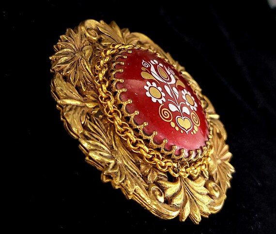 Vintage Miriam Haskell Red Enamel Floral Brooch -… - image 4