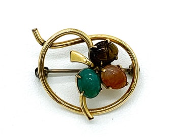 Vintage Mid Century 12k Yellow Gold Filled Scarab Gemstone Clover WRE Brooch/ Vintage Egyptian Revival Scarab Brooch/ Vintage Scarab Brooch