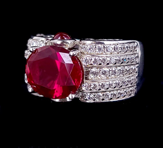 Vintage Sterling Silver Synthetic Ruby Pave Cubic… - image 5