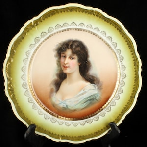 Antique Austrian Elbogen Vienna Porcelain Cabinet Wall Plate  Lady Portrait 9.5&quot;/ Antique Portrait Plate/ Antique Cabinet Plate/ Good Gift