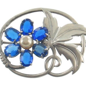 Vintage Art Deco Sterling Blue Rhinestone Pearl Flower Leaf Pin 1.75&quot; W/Deco Sterling Pin/Retro Pin Brooch/Pretty Daisy Pin/Rhinestone/pearl