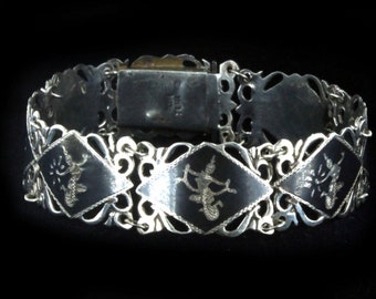 Antique Sterling Black Enamel Deco SIAM Filigree  Diamond Link Bracelet 7.5"/ Good Gift/ FGift for Her/SIAM Filigree