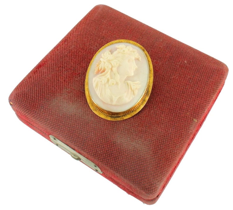 Antique 8- 10k Gold Pink Conch Nouveau Lady Cameo Pin Pendant Orig Box Victorian/ 1960's Civil War Era Cameo/ Civil War Reenactment image 4