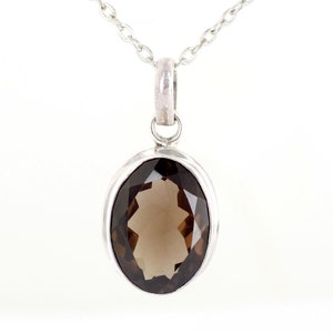 Vintage Sterling Silver Oval Faceted Smokey Topaz Pendant Necklace 17&quot;/ Vintage Artisan Sterling Smokey Quartz Pendant Necklace