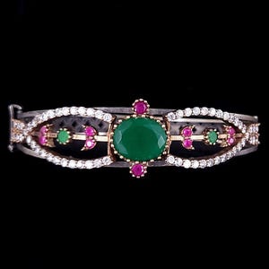 Vintage Sterling Gold Plated Ruby Emerald Rock Quartz Turkish Bracelet 6.5"