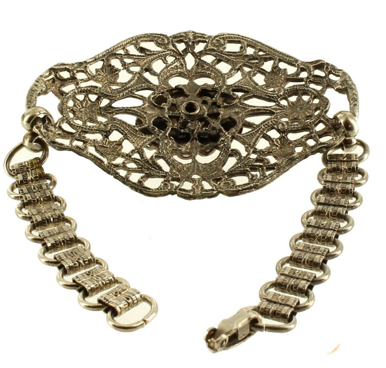 Vintage Victorian Revival Filigree Book Chain Amber Glass Cab Bracelet /& Ring 7