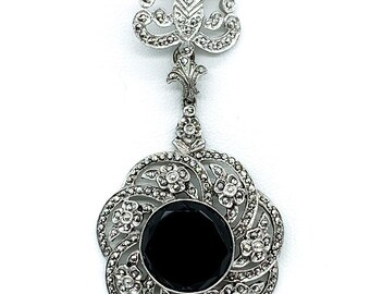 Antique Art Deco Brandt Sterling Silver Black Onyx Marcasite Floral Pin Brooch/ Antique Art Deco Sterling Silver Black Onyx Brooch