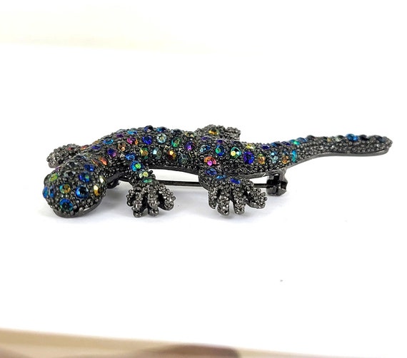 Vintage Black Metal Gecko Lizard Oil Slick Blue G… - image 3