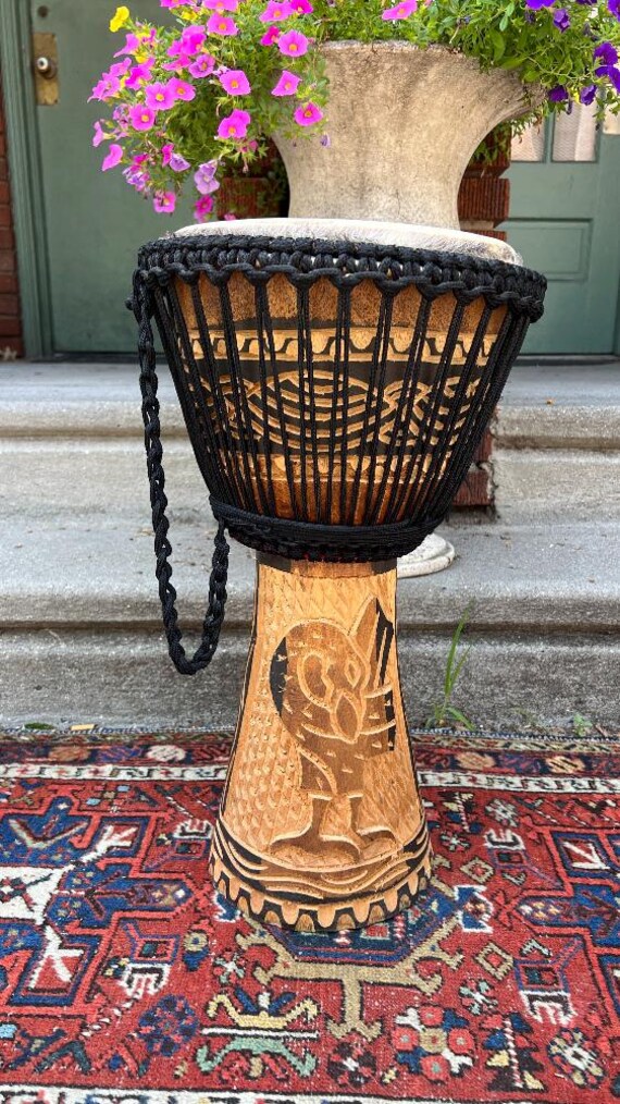 Vintage African Hand Carved Wood Djembe Hand Drum 22”