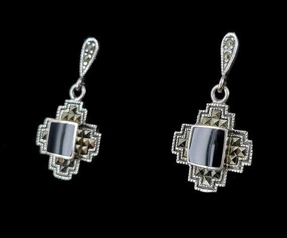 Vintage Art Deco Sterling Silver Marcasite Black … - image 2