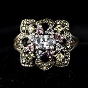 Vintage Sterling Silver Pastel Cubic Zirconia CZ Marcasite Floral Ring Size 8.5 / CZ Ring / Silver Ring / Sterling Jewelry / Gifts for her