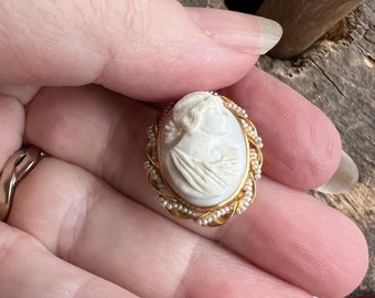 Antique Victorian 10k Yellow Gold Scrolled Seed Pearl Shell Cameo Brooch Pin/ Antique Victorian Seed Peal Pin/ Victorian 10k Gold Jewelry