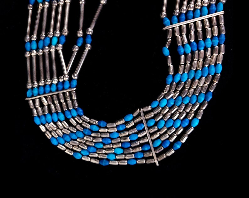 Vintage Egyptian Revival Silver Plated Dyed Wood Beaded Multi Strand Necklace 27 / Egyptian Jewelry /Egyptian Revival /Wooden Bead Necklace image 2