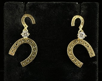 Vintage Designer Gold Over Sterling Cz Horseshoe Stud Dangle Earrings 1.25"