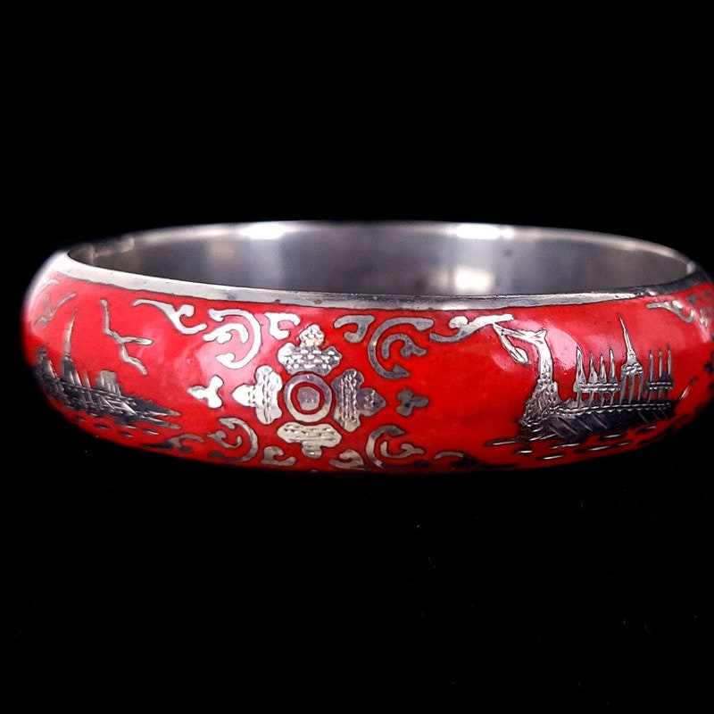Pendentif En Argent Sterling Niellé SIAM - Style Asiatique, Rond, Occasion En Très Bon état