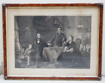 Antique 1886  Abraham Lincoln and His Family Engraving Waugh Sartain Framed All Original/ American President Engraving/ American Engraving