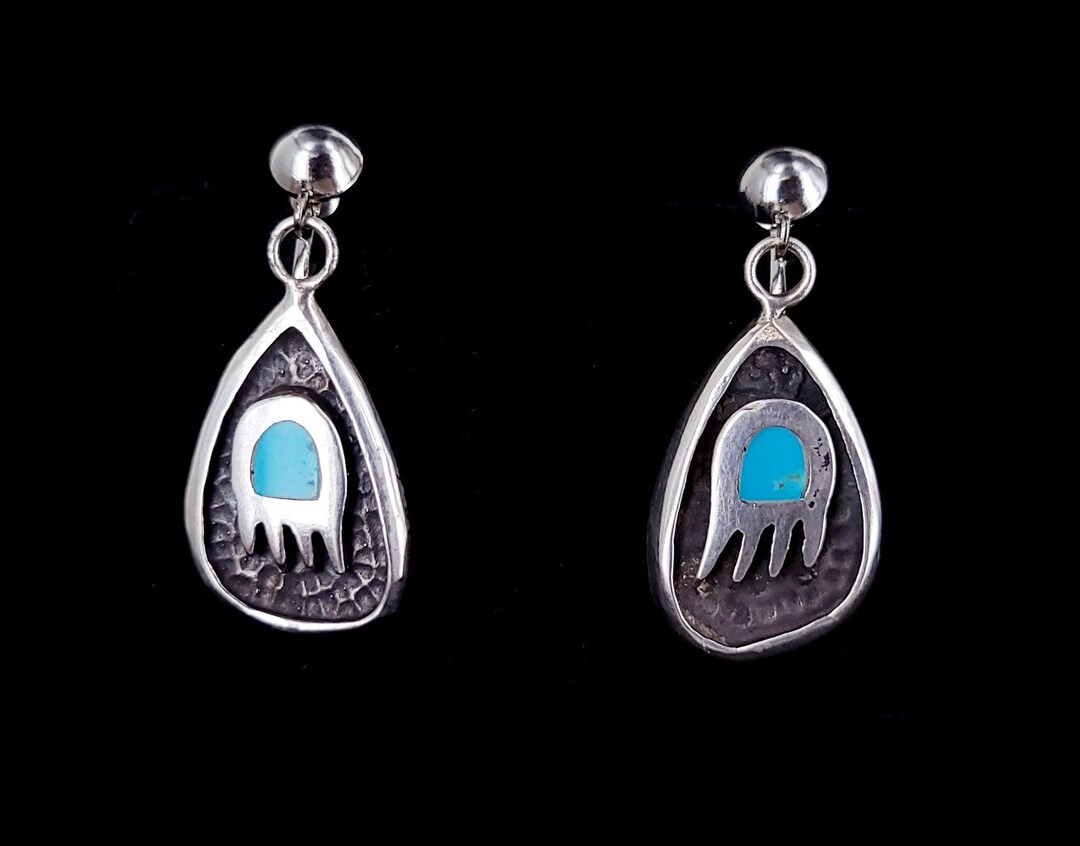 Vintage Mid Century Sterling Silver Navajo Inlaid Turquoise Bear Paw ...