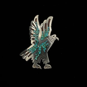 Vintage Sterling Navajo Türkis Koralle Mosaik Vogel / Adler Brosche Pin
