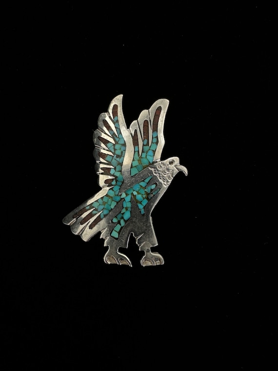 Vintage Sterling Navajo Turquoise Coral Mosaic Bird Eagle Brooch