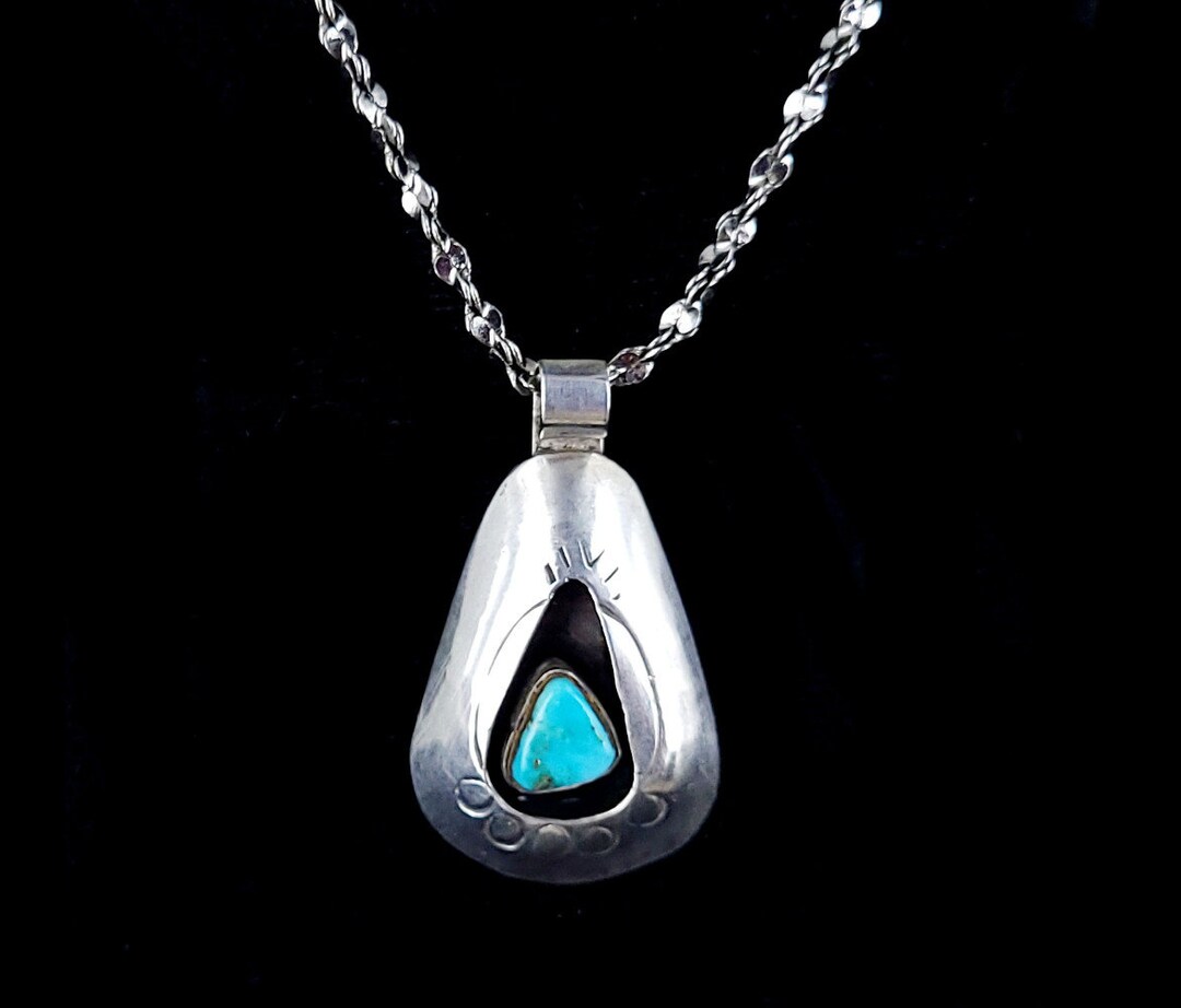 Vintage Silver Navajo Turquoise Bear Paw Mid Century Pendant Necklace ...