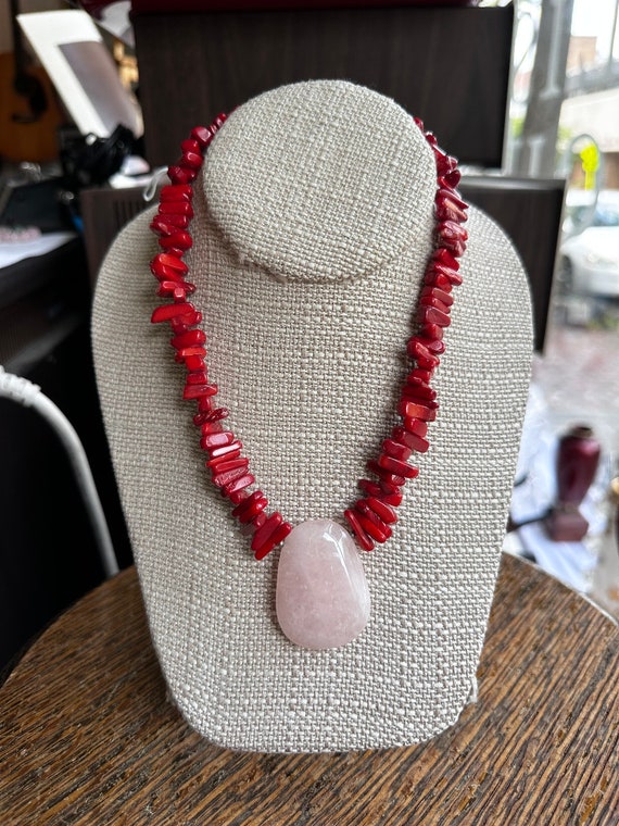 Vintage Red Coral Chip Bead Rose Quartz Necklace