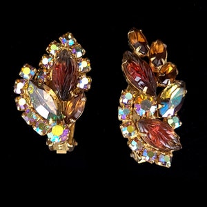 May include: A pair of gold tone clip-on earrings featuring iridescent rhinestones and brown glass leaves.