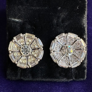 Vintage Deco SP Pave Crystal Round Roquette Circle Screw Back Earrings
