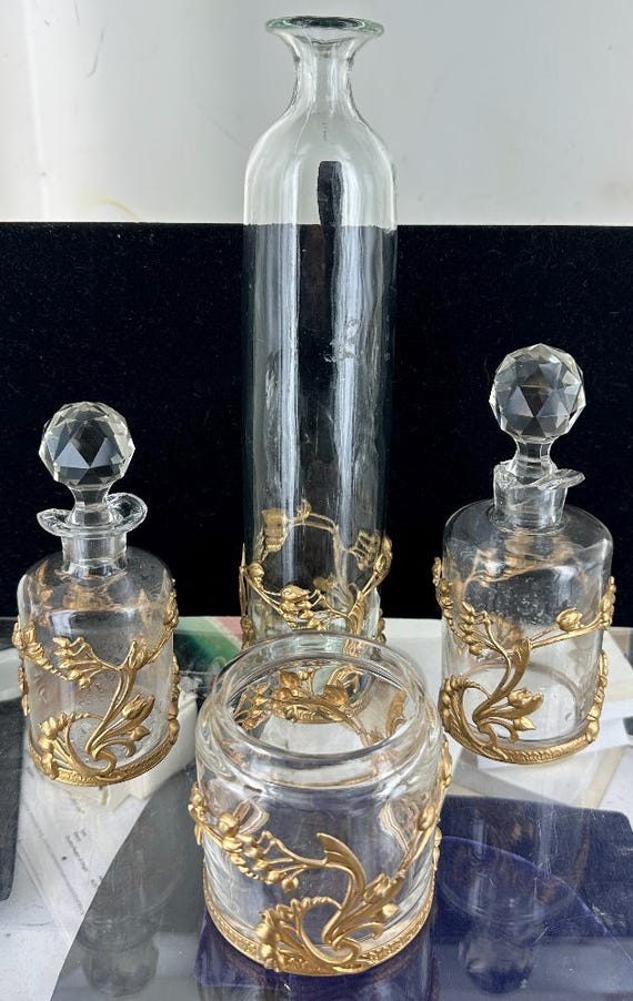 Antique French Empire Gilt Ormolu Baccarat Glass Perfume Set