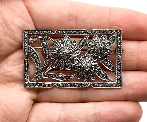 Antique Art Deco Sterling Silver Pave Marcasite D… - image 3