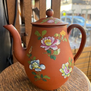 Antique Wedgwood Rosso Antico Teapot: 1867 Redware Capriware, Chinoiserie Floral