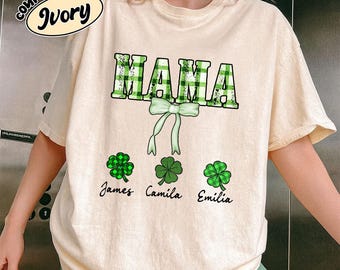 Camiseta de trébol de San Patricio, jersey irlandés personalizado para mamá, Día de San Patricio, camisetas personalizadas para mamá con nombres de niños