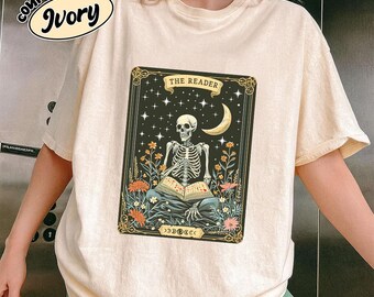 Comfort Colors The Reader Skeleton Tarot Tee, Bookish Unisex Graphic Shirt