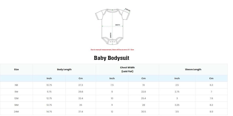 K&ouml;nnte beinhalten: Eine wei&szlig;e Tabelle mit Ma&szlig;en f&uuml;r einen Baby-Body. Die Gr&ouml;&szlig;en reichen von Neugeborenen bis 24 Monaten. Die Ma&szlig;e umfassen K&ouml;rperl&auml;nge (cm und Zoll), Brustweite (cm und Zoll) und &Auml;rmell&auml;nge (cm und Zoll).
