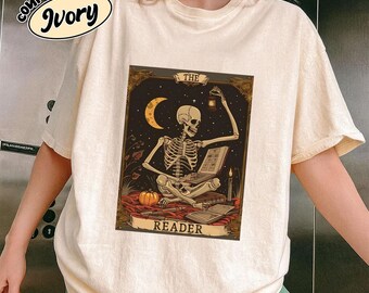 Comfort Colors The Reader Skeleton Tarot Tee, Bookish Unisex Graphic Shirt