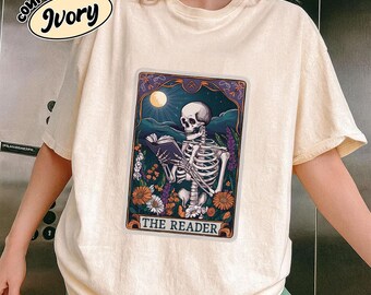 Comfort Colors The Reader Skeleton Tarot Tee, Bookish Unisex Graphic Shirt