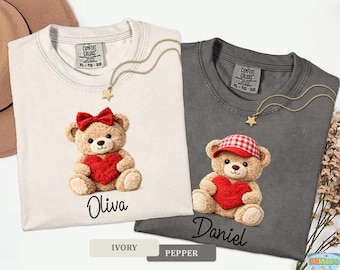 Camisa de San Valentín con oso de lana Comfort Colors, conjunto de pareja con un adorable oso de lana y corazón