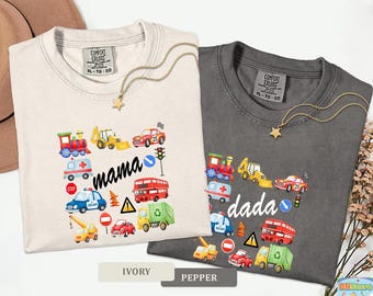 Comfort Colors Family Transportation Birthday Shirts, Truck Mama Dada Shirts, Cars Vehicle Themed Birthday Outfit