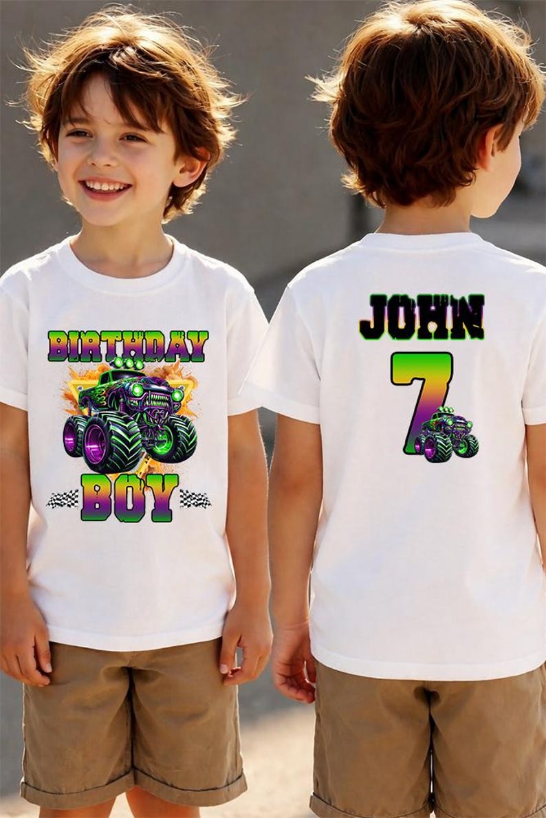 Monster Truck Birthday Shirts, Custom Name Birthday Boy Jam Party T-Shirts Bild 2