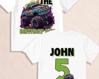 Camiseta personalizada con nombre para cumpleaños de Monster Truck, ideal para niños amantes de los Monster Trucks.