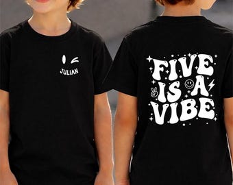 Personalized Five is a Vibe Birthday Shirt, Custom Name 5th Birthday Girl Shirt, 5th Birthday Boy Gift, Retro Groovy Fifth Birthday Shirt