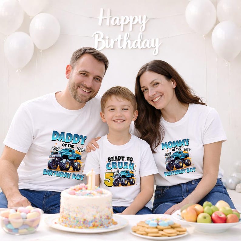 Monster Truck Birthday Family Matching Shirts, Custom Name Birthday Boy Jam Party T-Shirts bild 1