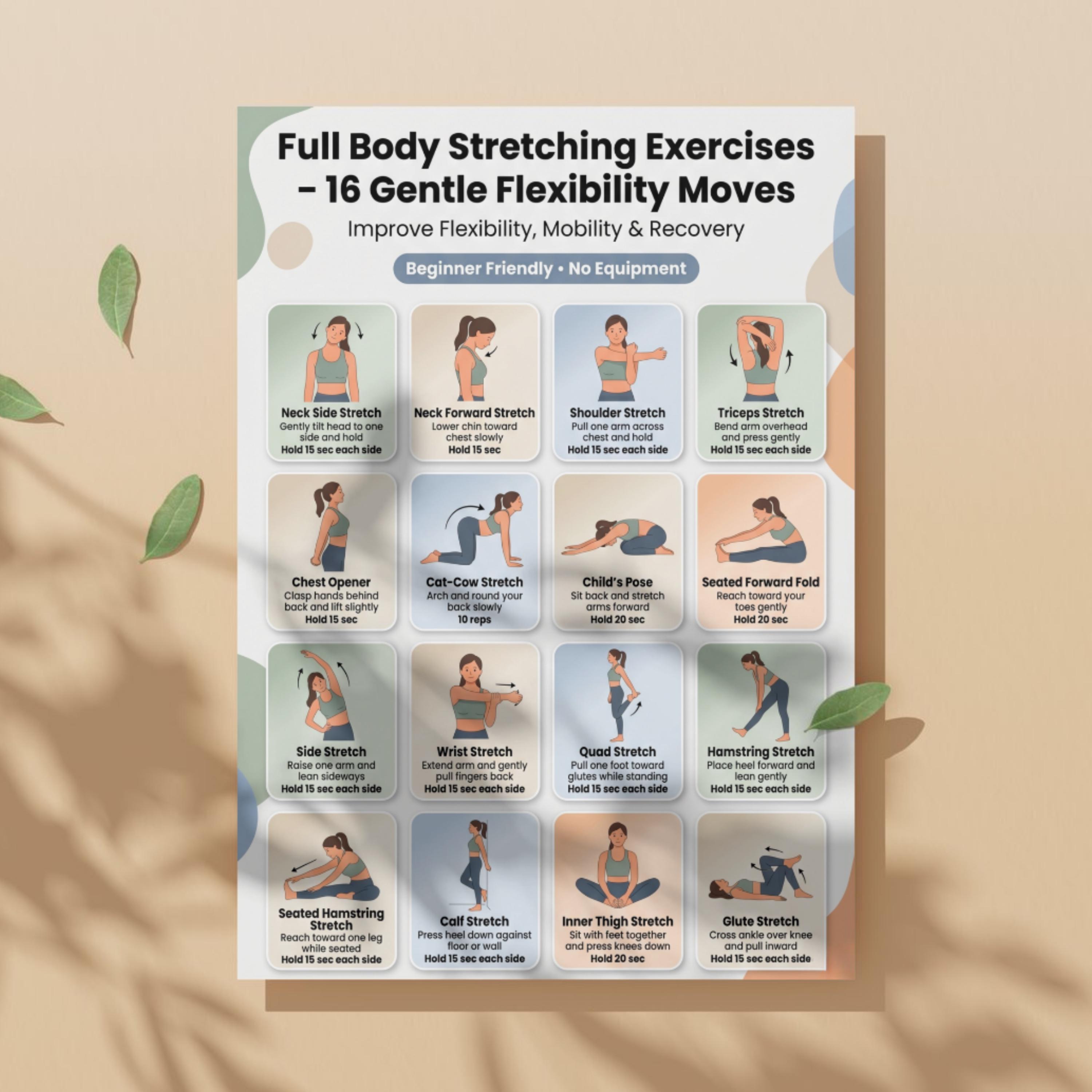 Print Off Stretching Routine Stretching Exercises Printable, Full Body Stretch Chart, Flexibility ...