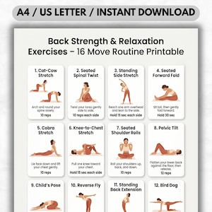 Peut inclure: Tableau d'exercices imprimable pour le renforcement et la relaxation du dos, avec 16 mouvements illustrés. Le tableau comprend des instructions pour des exercices tels que l'étirement chat-vache, la torsion spinale assise et l'étirement du cobra. Le texte en haut indique "A4 / US LETTER / INSTANT DOWNLOAD".