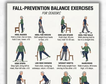 Ejercicios de equilibrio para la prevención de caídas para personas mayores / Tabla de ejercicios para personas mayores / Póster de fisioterapia / Ejercicios en silla (PDF imprimible)
