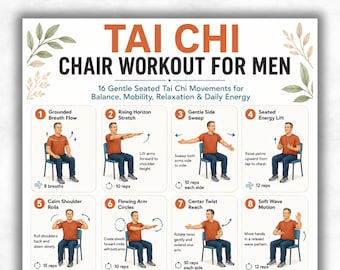 Tai Chi Chair Workout for Men Printable, Seated Tai Chi Exercises Poster, Senior Fitness Routine, Gentle Chair Workout for Older Men
