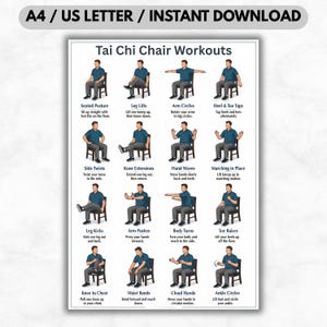以下が含まれることがあります： 「太極拳チェアワークアウト」のテキストとエクササイズのイラストが描かれた白いポスター。ポスターには、「Seated Posture」や「Leg Lifts」など、各エクササイズの指示が含まれています。